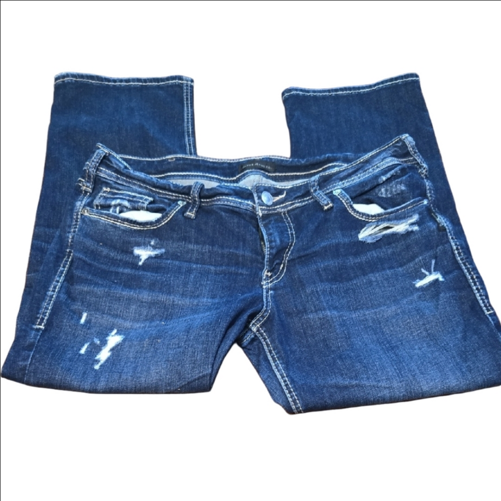 ♡Silver Jeans Dark Blue Distressed Cropped Jeans Size W33 X L22